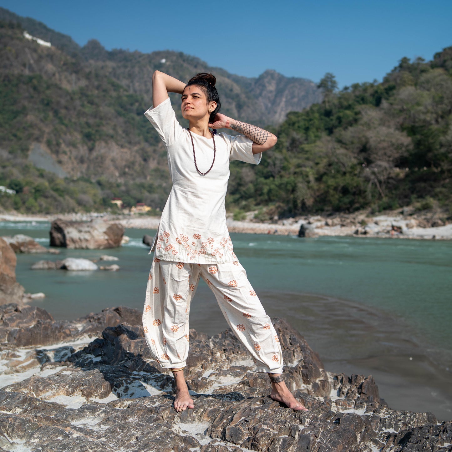 Women Cotton Hand Block Printed Yoga Pants and Yoga Top Set -Chakra