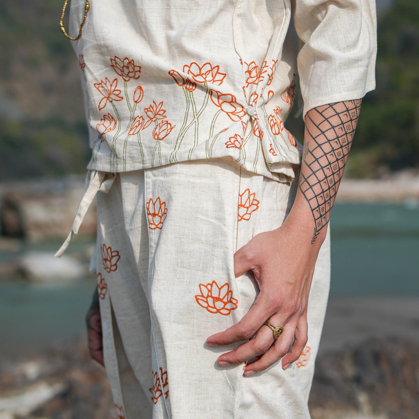 Women Cotton Hand Block Printed Yoga Pants and Yoga Top Set -Surya