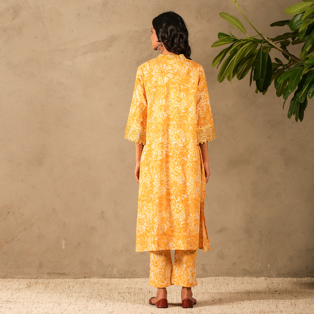 Yellow Floral Hand Block Print V Neck A Line Kurta, Thread Embroidery Details with Straight Pants (Set of 2)