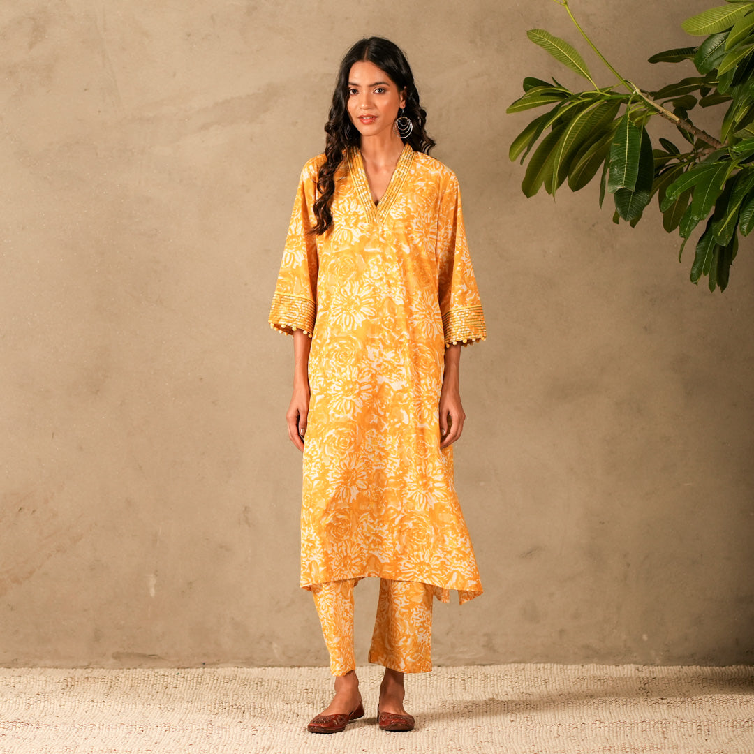 Yellow Floral Hand Block Print V Neck A Line Kurta, Thread Embroidery Details with Straight Pants (Set of 2)