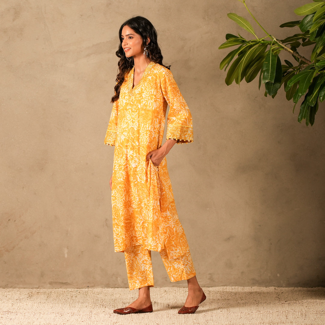 Yellow Floral Hand Block Print V Neck A Line Kurta, Thread Embroidery Details with Straight Pants (Set of 2)