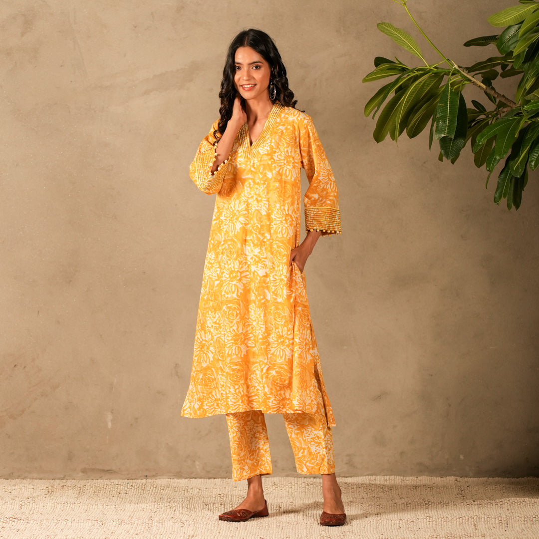 Yellow Floral Hand Block Print V Neck A Line Kurta, Thread Embroidery Details with Straight Pants (Set of 2)