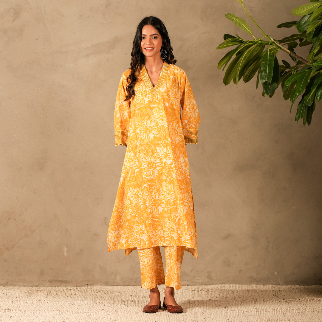 Yellow Floral Hand Block Print V Neck A Line Kurta, Thread Embroidery Details with Straight Pants (Set of 2)