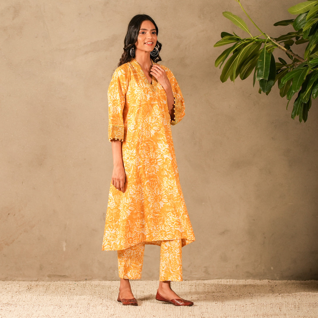 Yellow Floral Hand Block Print V Neck A Line Kurta, Thread Embroidery Details with Straight Pants (Set of 2)
