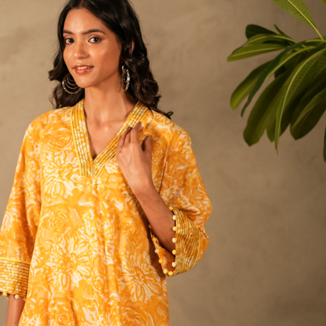 Yellow Floral Hand Block Print V Neck A Line Kurta, Thread Embroidery Details with Straight Pants (Set of 2)