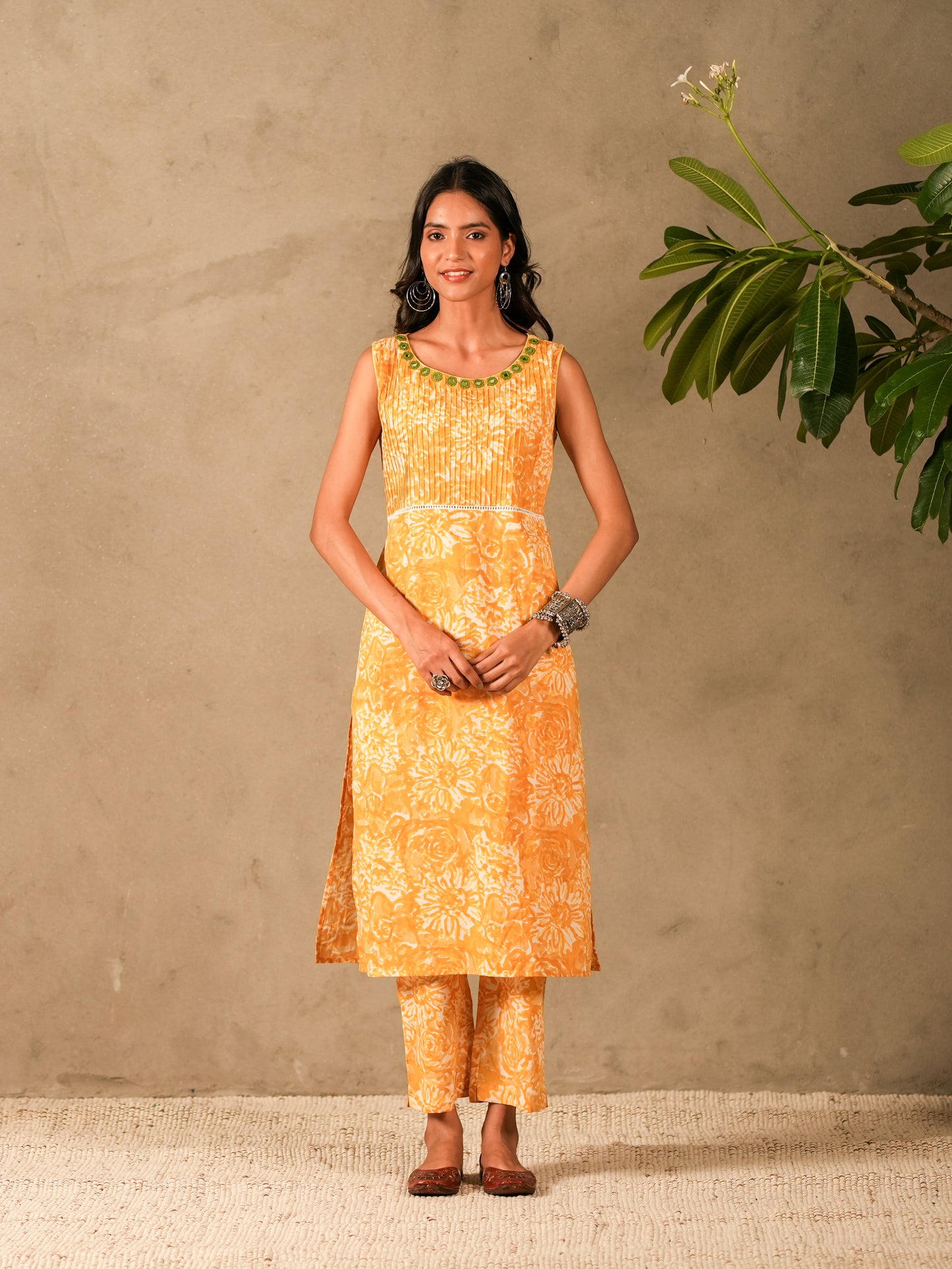 Yellow Floral Hand Block Print Sleeveless Straight Kurta, Mirror Embroidery Details with Straight Pants (Set of 2)