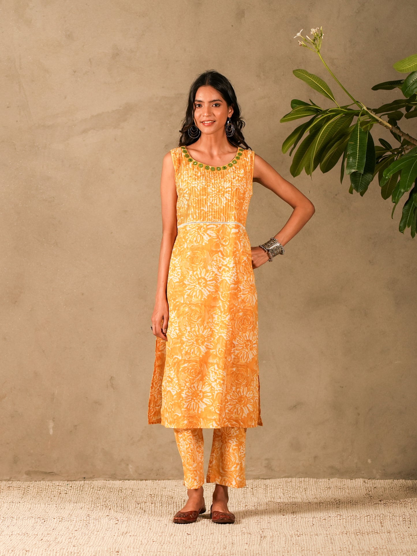 Yellow Floral Hand Block Print Sleeveless Straight Kurta, Mirror Embroidery Details with Straight Pants (Set of 2)