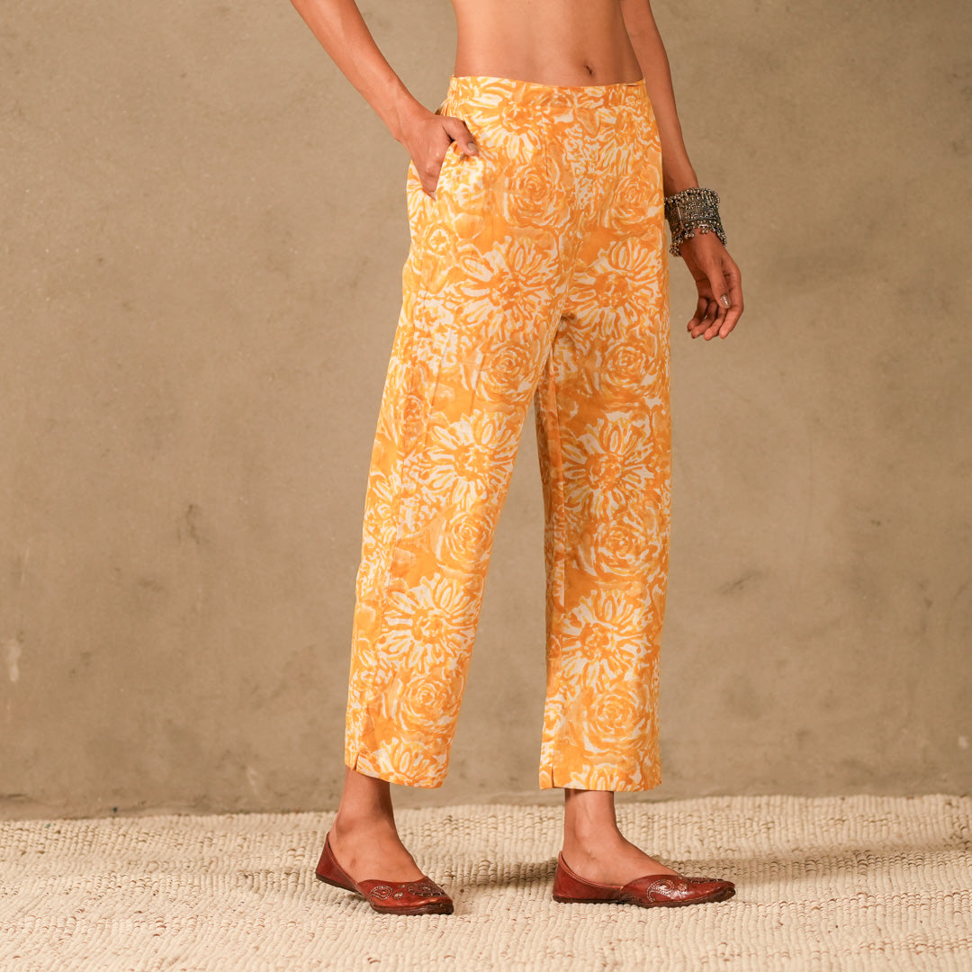 Yellow Floral Hand Block Print Sleeveless Straight Kurta, Mirror Embroidery Details with Straight Pants (Set of 2)