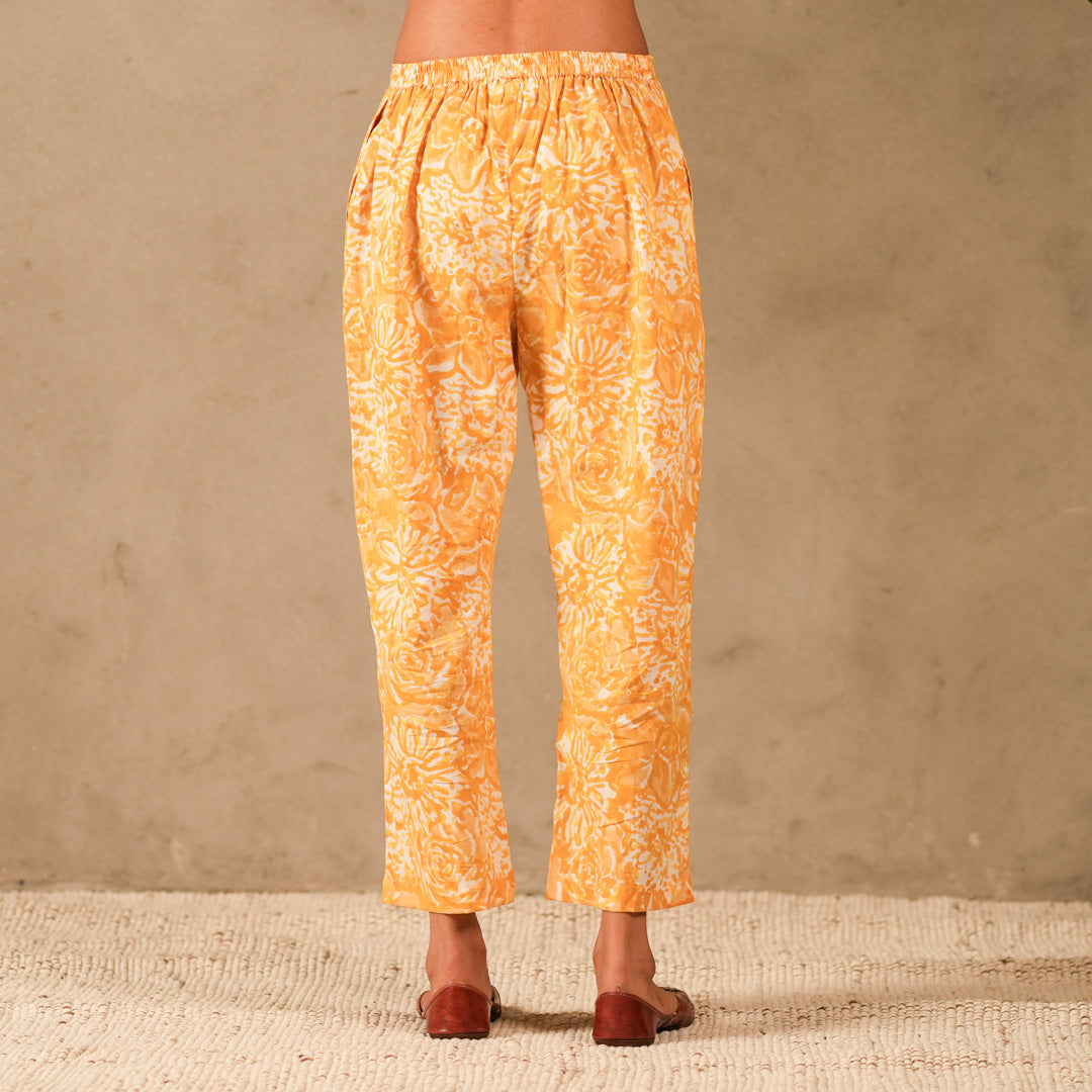 Yellow Floral Hand Block Print Sleeveless Straight Kurta, Mirror Embroidery Details with Straight Pants (Set of 2)