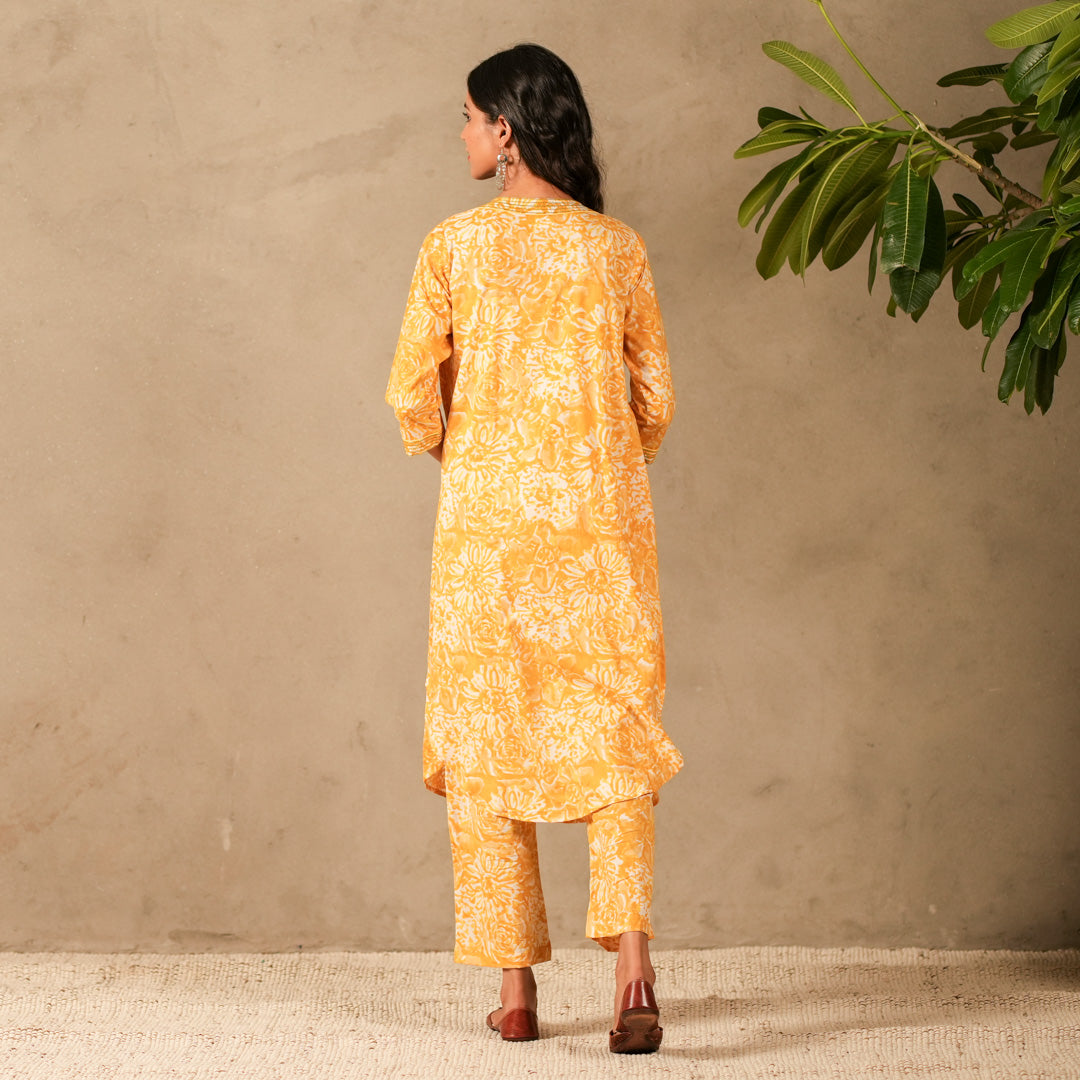 Yellow Floral Hand Block Print V Neck A Line Kurta, Lace Details with Straight Pants (Set of 2)