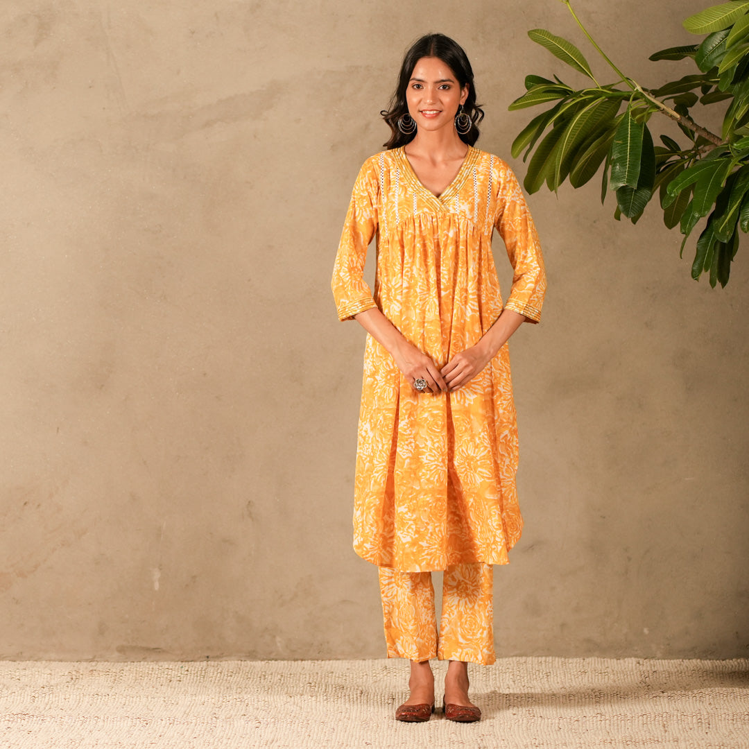 Yellow Floral Hand Block Print V Neck A Line Kurta, Lace Details with Straight Pants (Set of 2)