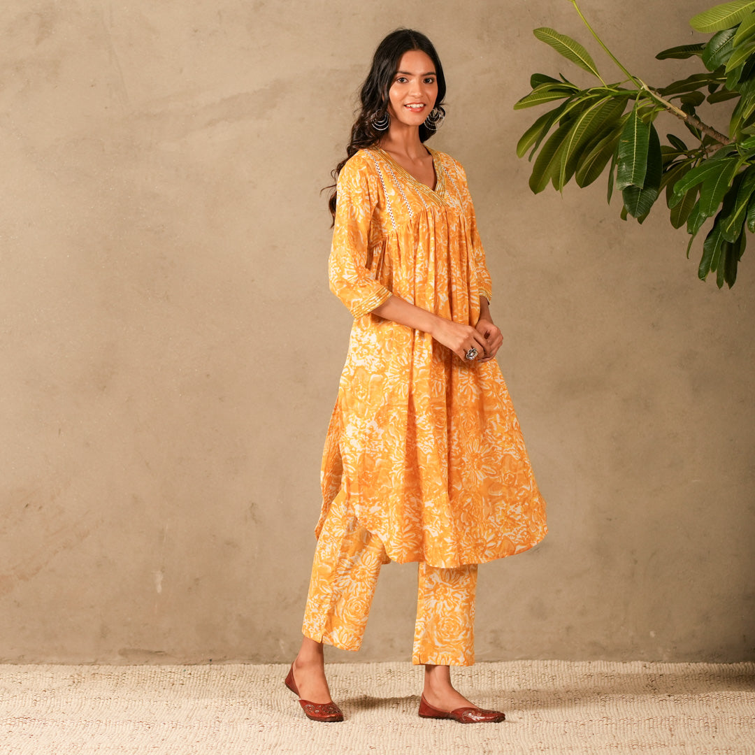 Yellow Floral Hand Block Print V Neck A Line Kurta, Lace Details with Straight Pants (Set of 2)