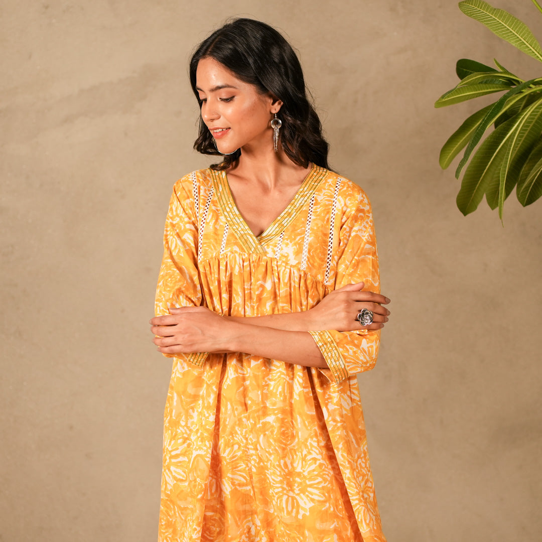 Yellow Floral Hand Block Print V Neck A Line Kurta, Lace Details with Straight Pants (Set of 2)
