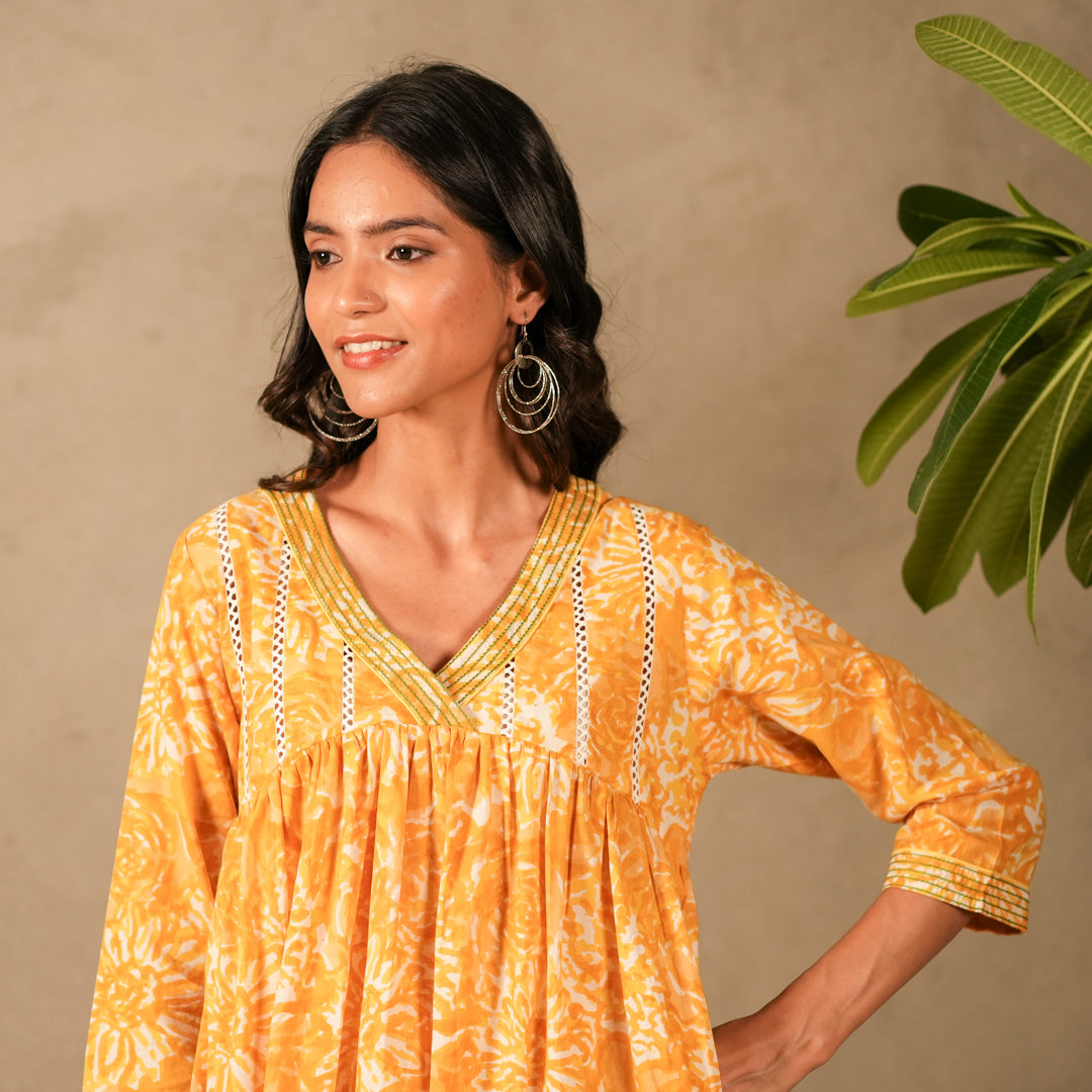 Yellow Floral Hand Block Print V Neck A Line Kurta, Lace Details with Straight Pants (Set of 2)