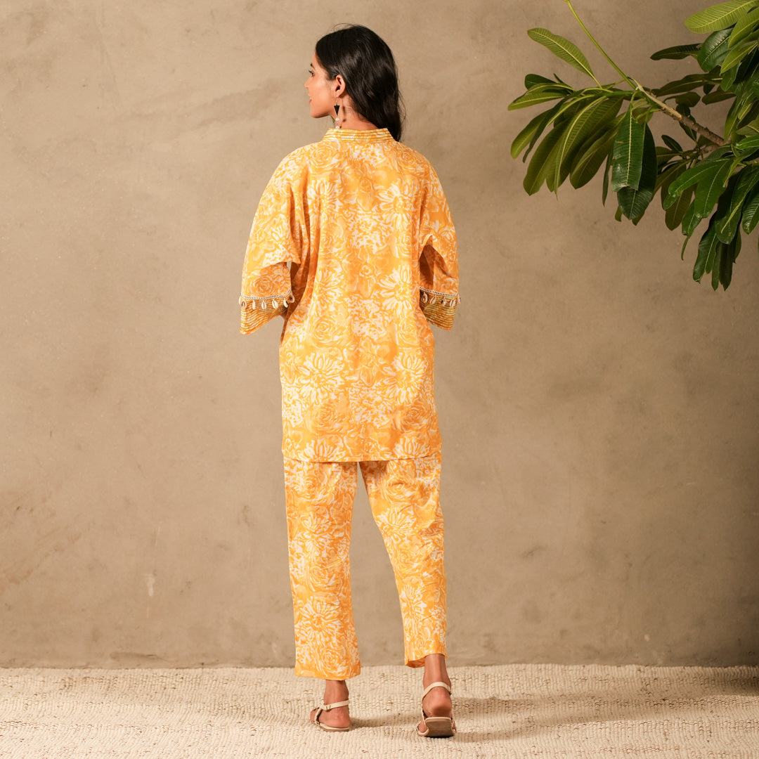 Yellow Floral Hand Block Print Oversized Shirt, Thread and Shell Details with Straight Pants (Set of 2)