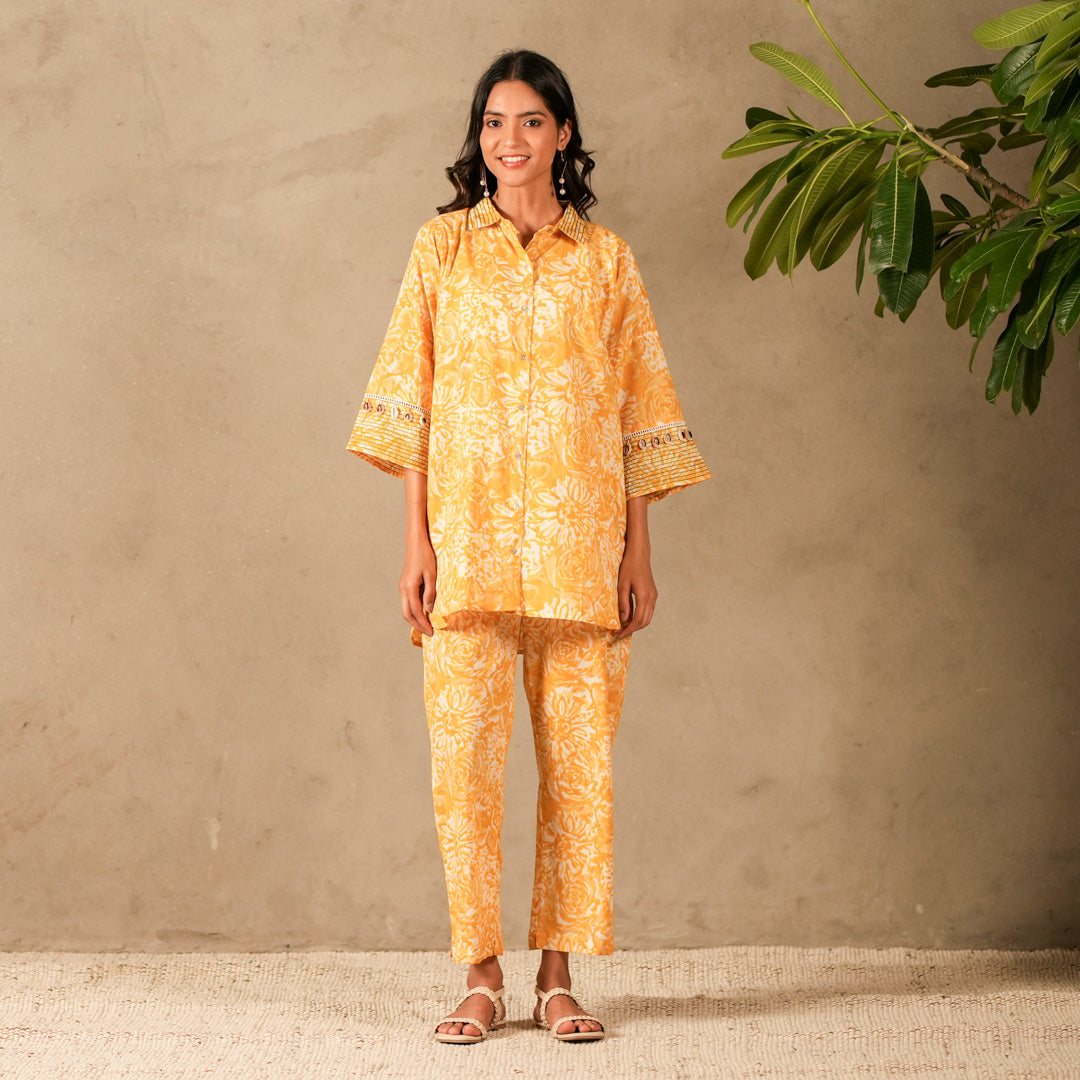 Yellow Floral Hand Block Print Oversized Shirt, Thread and Shell Details with Straight Pants (Set of 2)