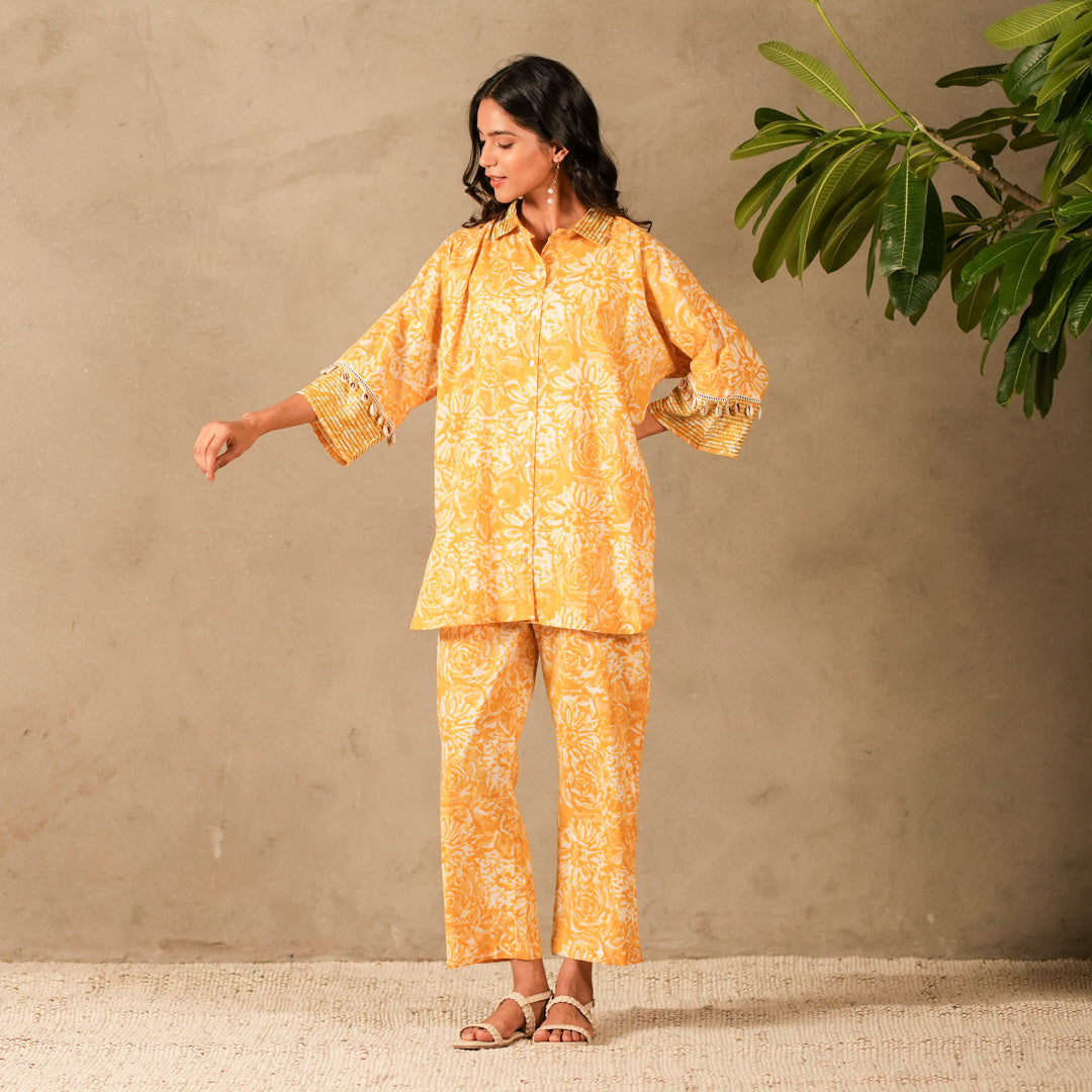 Yellow Floral Hand Block Print Oversized Shirt, Thread and Shell Details with Straight Pants (Set of 2)