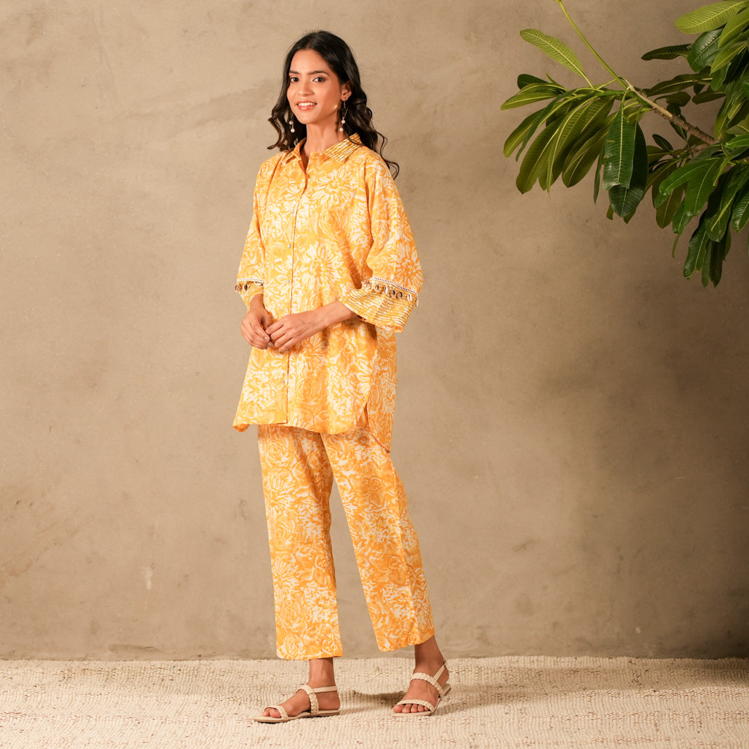 Yellow Floral Hand Block Print Oversized Shirt, Thread and Shell Details with Straight Pants (Set of 2)