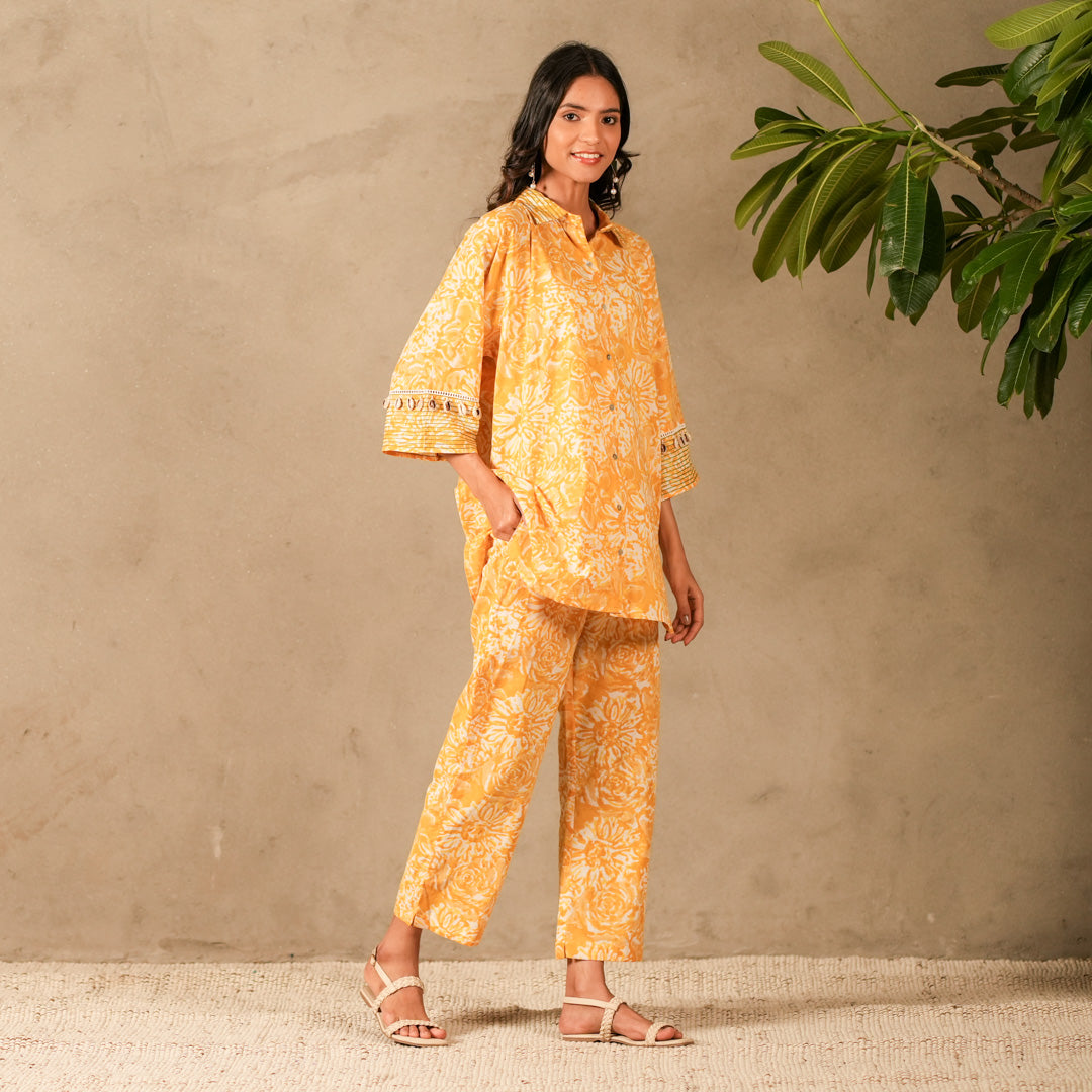 Yellow Floral Hand Block Print Oversized Shirt, Thread and Shell Details with Straight Pants (Set of 2)