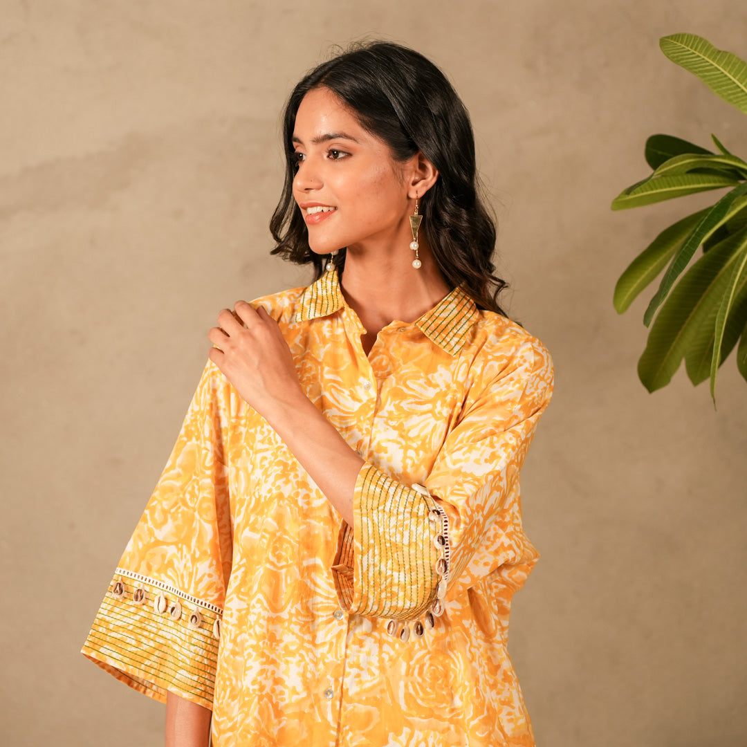 Yellow Floral Hand Block Print Oversized Shirt, Thread and Shell Details with Straight Pants (Set of 2)