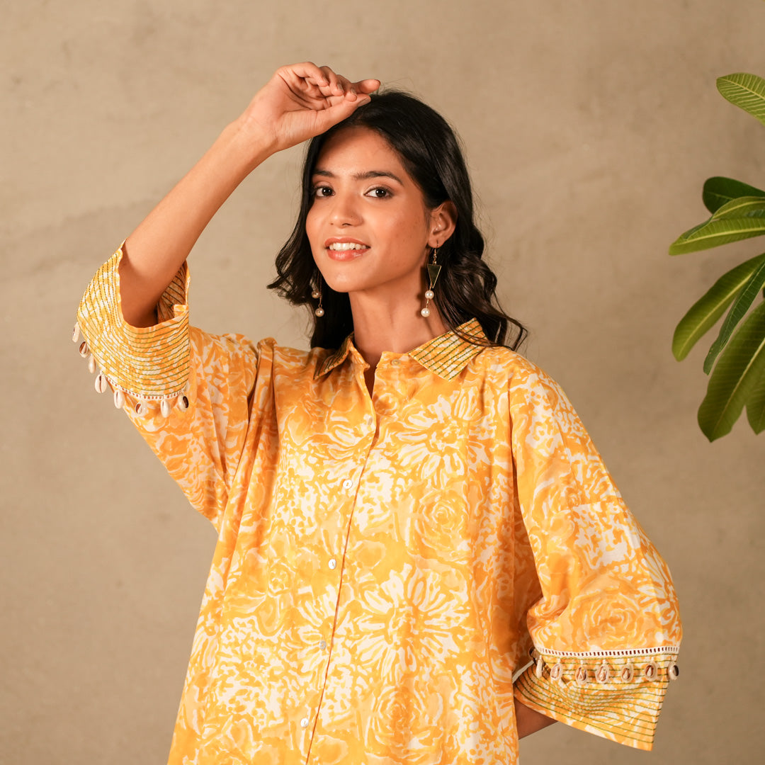 Yellow Floral Hand Block Print Oversized Shirt, Thread and Shell Details with Straight Pants (Set of 2)