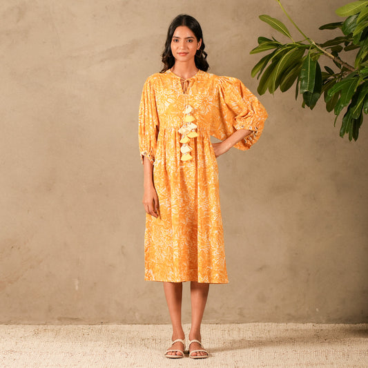 Mid Calf Length Dress with Exagerated Sleeves and Tassels