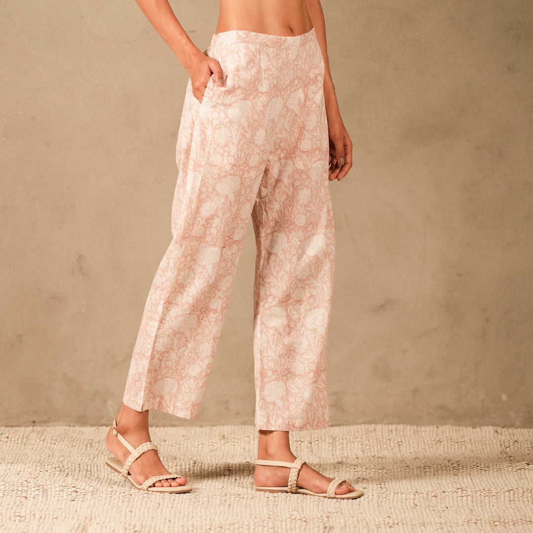 Pink Floral Hand Block Print Oversized Shirt, Thread and Pearl Details with Straight Pants (Set of 2)