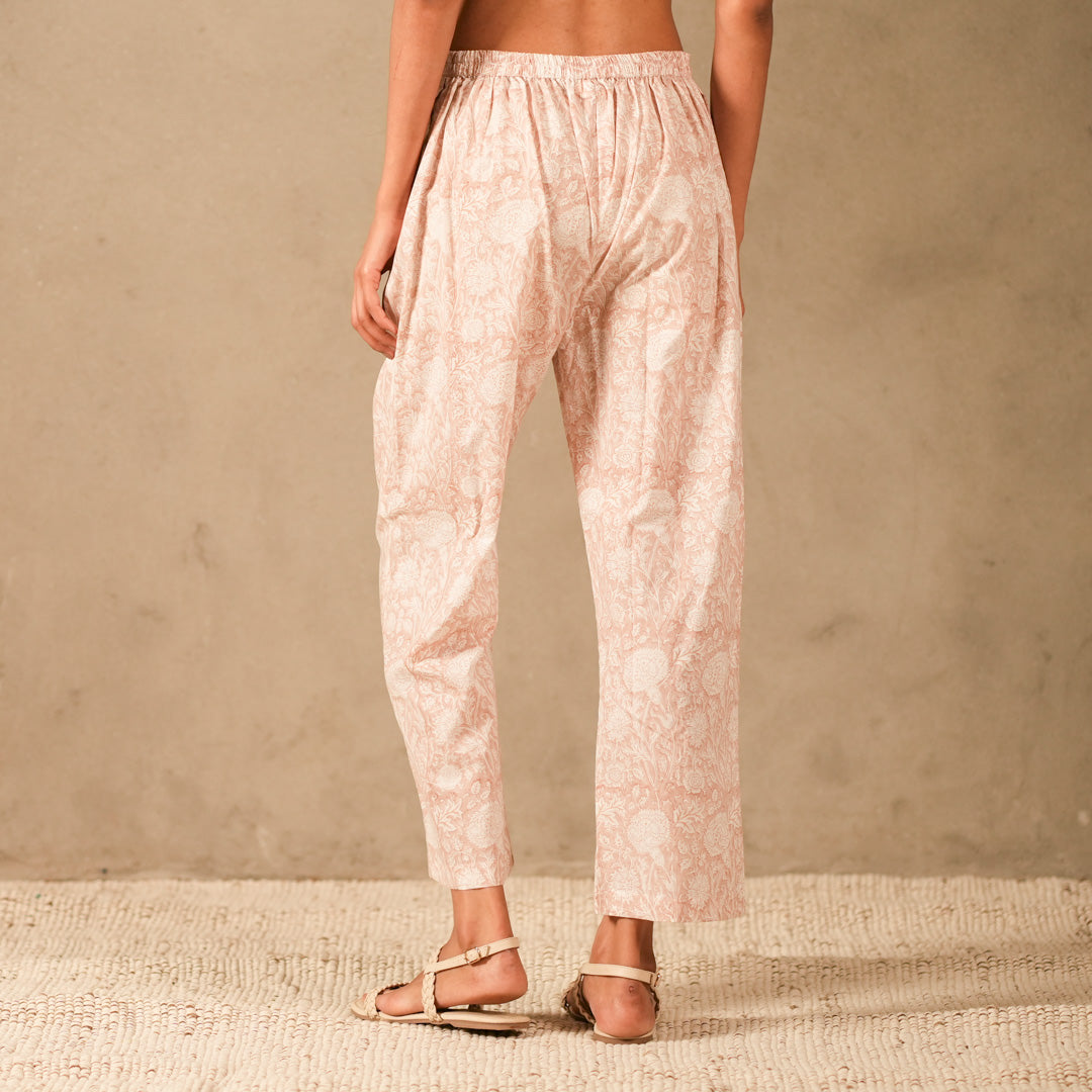 Pink Floral Hand Block Print Oversized Shirt, Thread and Pearl Details with Straight Pants (Set of 2)
