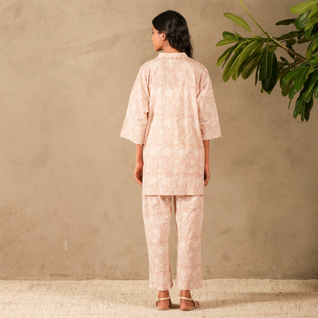 Pink Floral Hand Block Print Oversized Shirt, Thread and Pearl Details with Straight Pants (Set of 2)