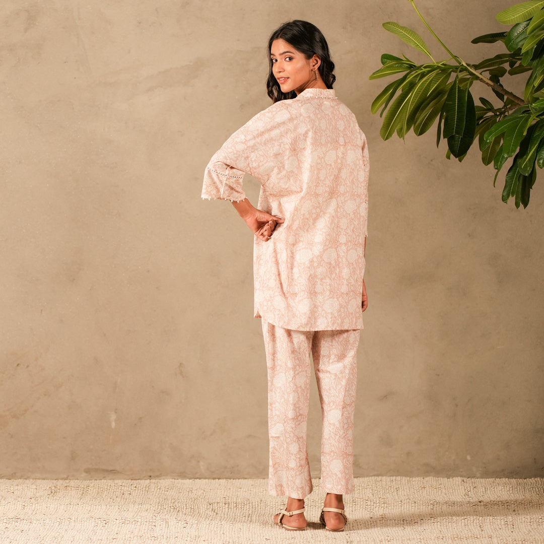Pink Floral Hand Block Print Oversized Shirt, Thread and Pearl Details with Straight Pants (Set of 2)