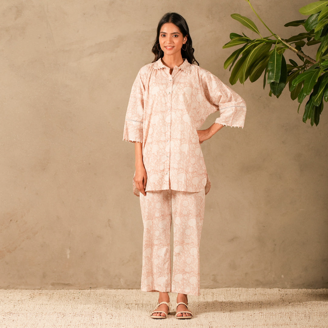 Pink Floral Hand Block Print Oversized Shirt, Thread and Pearl Details with Straight Pants (Set of 2)
