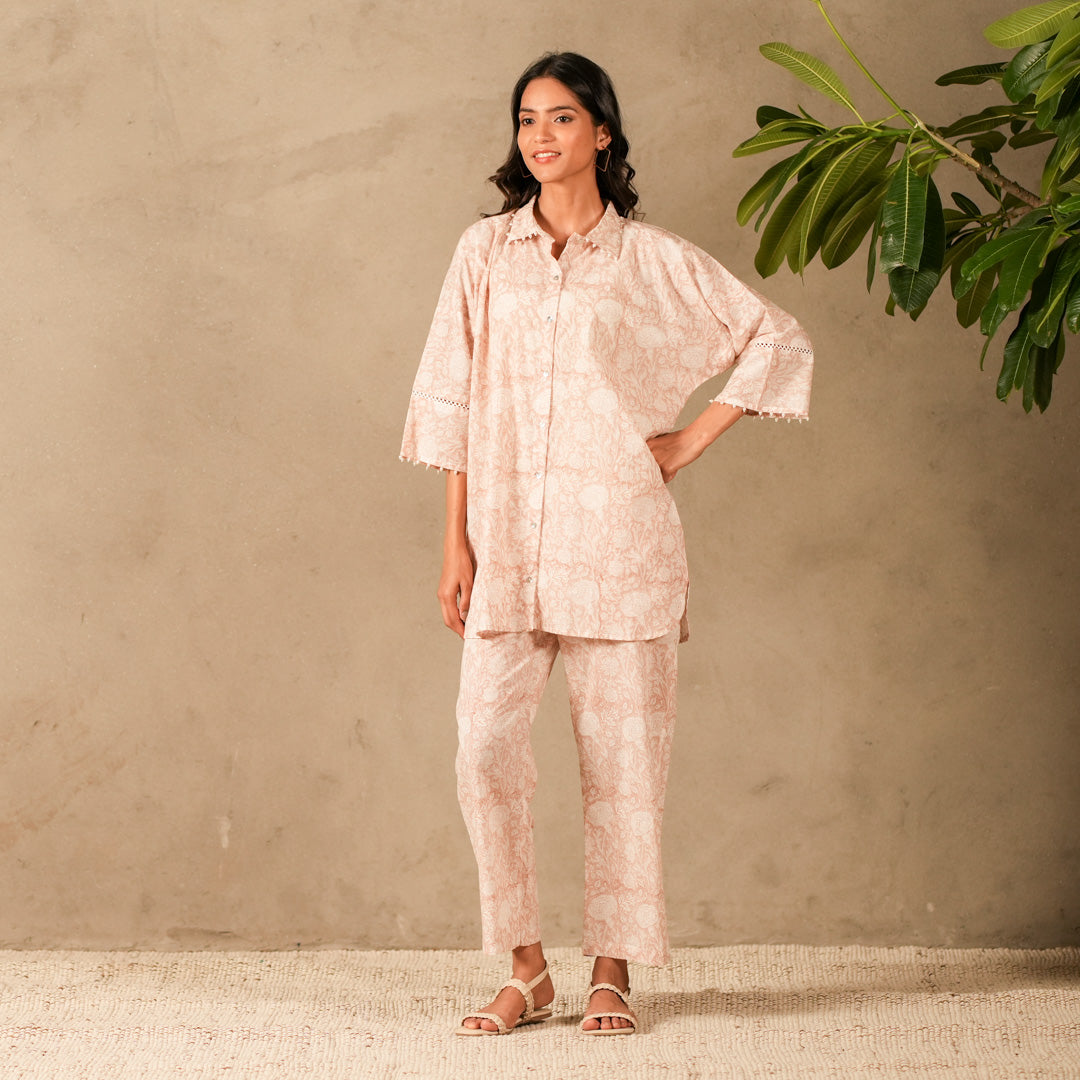Pink Floral Hand Block Print Oversized Shirt, Thread and Pearl Details with Straight Pants (Set of 2)