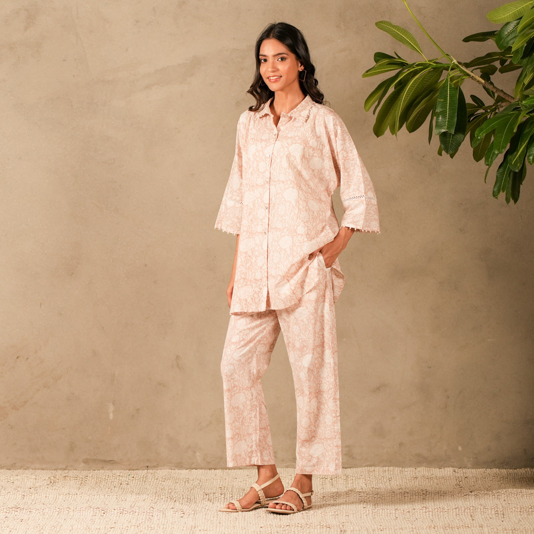 Pink Floral Hand Block Print Oversized Shirt, Thread and Pearl Details with Straight Pants (Set of 2)