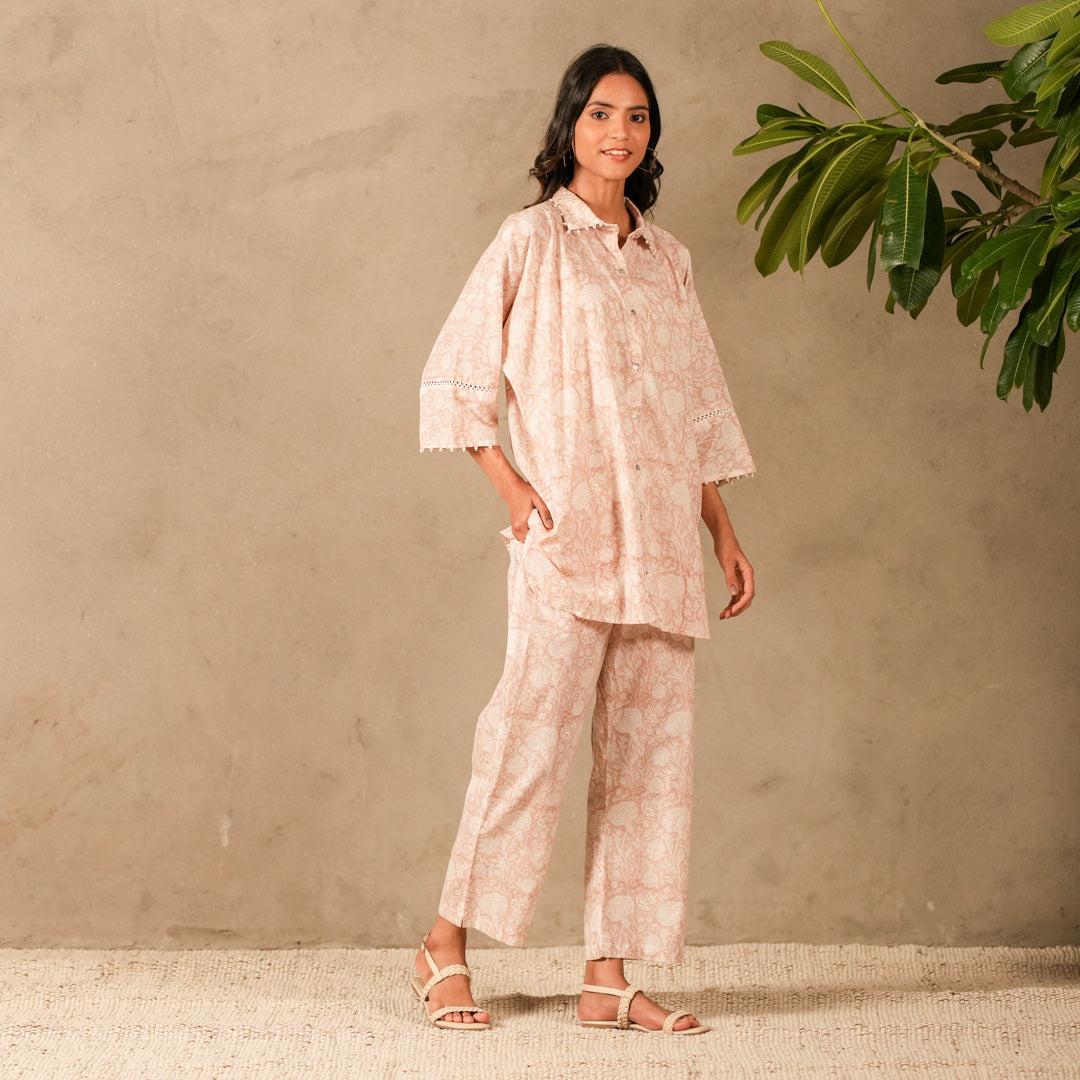 Pink Floral Hand Block Print Oversized Shirt, Thread and Pearl Details with Straight Pants (Set of 2)