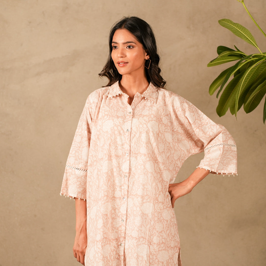 Pink Floral Hand Block Print Oversized Shirt, Thread and Pearl Details with Straight Pants (Set of 2)
