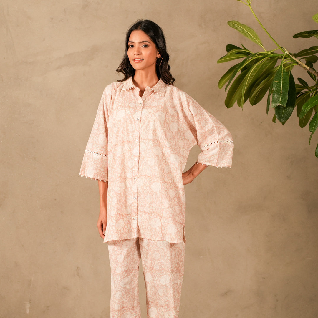 Pink Floral Hand Block Print Oversized Shirt, Thread and Pearl Details with Straight Pants (Set of 2)