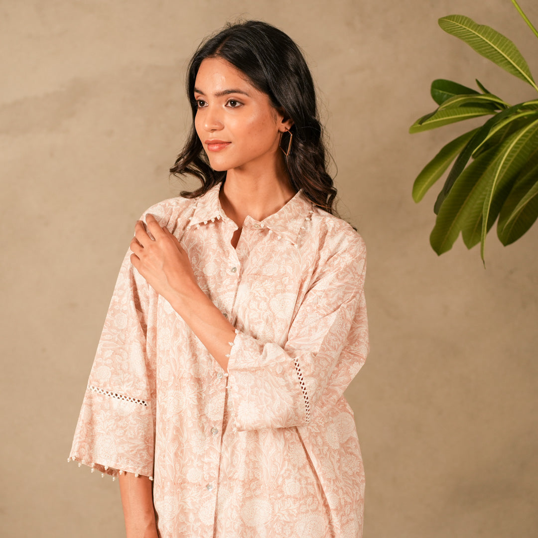 Pink Floral Hand Block Print Oversized Shirt, Thread and Pearl Details with Straight Pants (Set of 2)