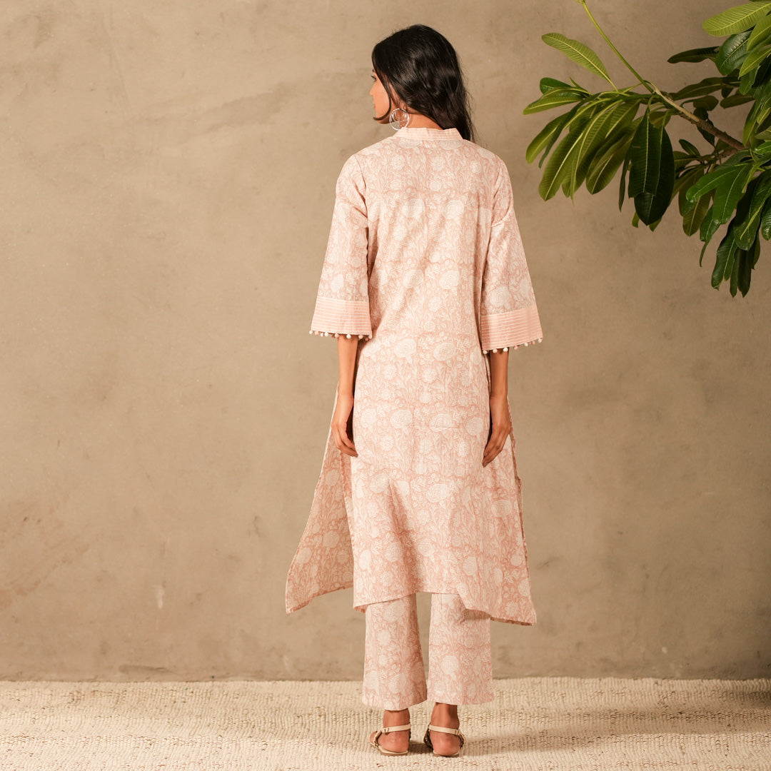 Pink Floral Hand Block Print V Neck A Line Kurta, Thread Embroidery Details with Straight Pants (Set of 2)