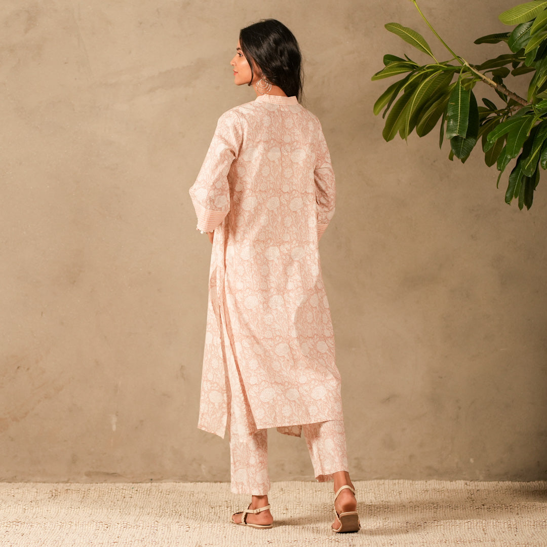 Pink Floral Hand Block Print V Neck A Line Kurta, Thread Embroidery Details with Straight Pants (Set of 2)