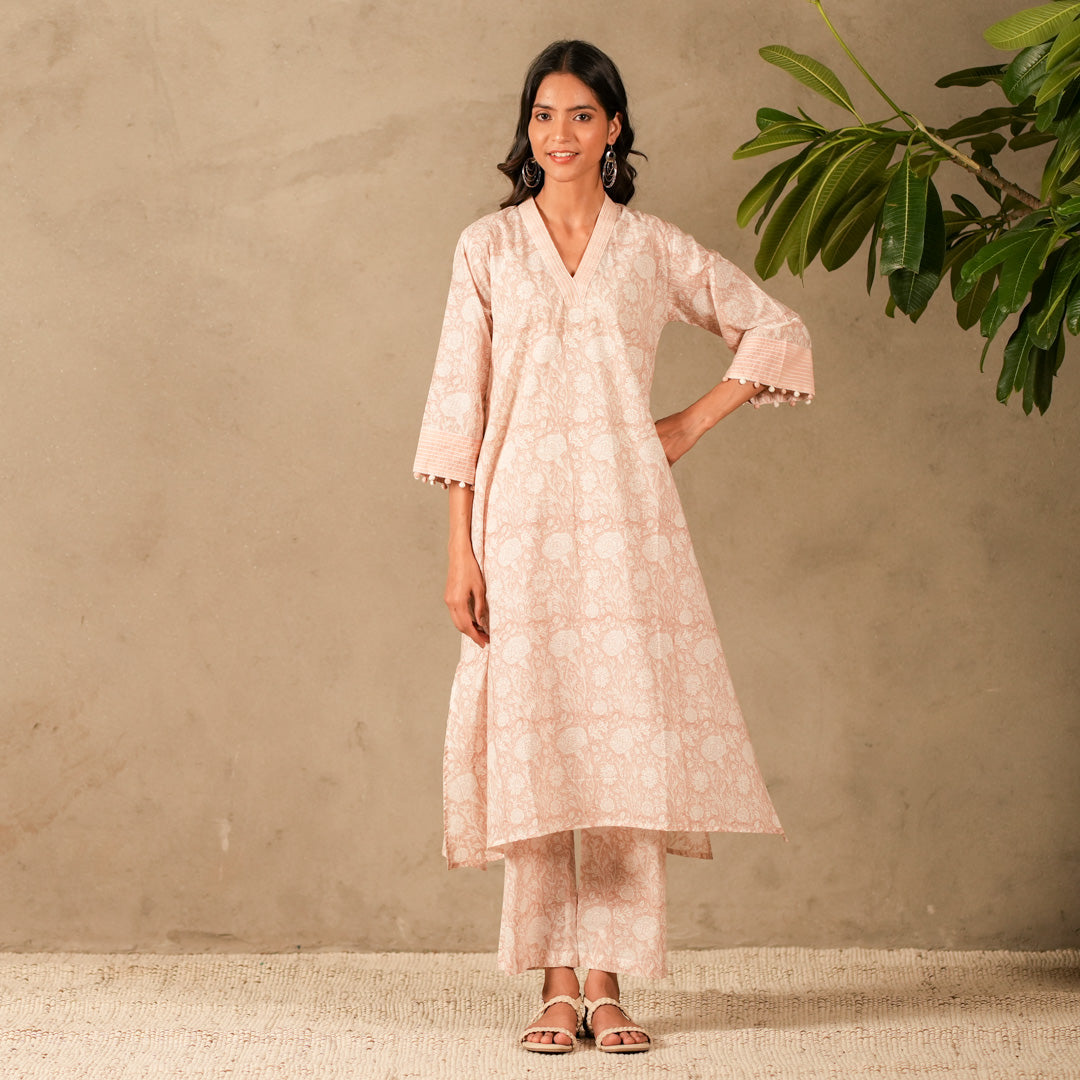 Pink Floral Hand Block Print V Neck A Line Kurta, Thread Embroidery Details with Straight Pants (Set of 2)