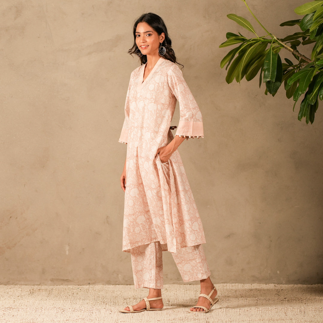 Pink Floral Hand Block Print V Neck A Line Kurta, Thread Embroidery Details with Straight Pants (Set of 2)