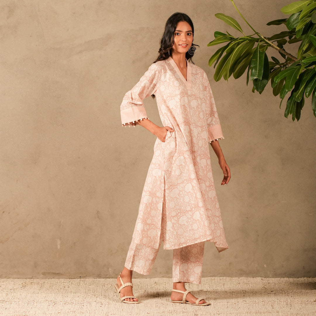 Pink Floral Hand Block Print V Neck A Line Kurta, Thread Embroidery Details with Straight Pants (Set of 2)
