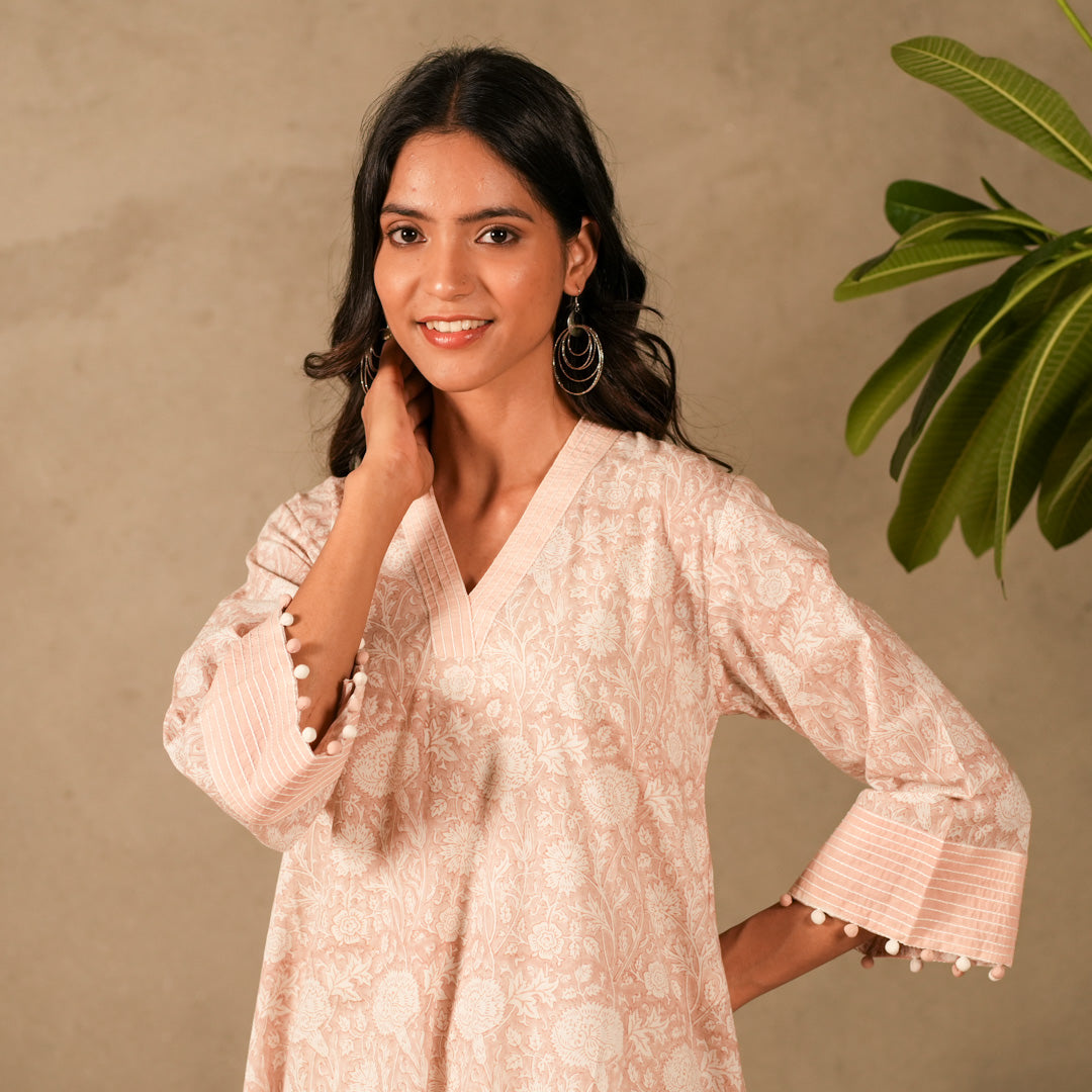 Pink Floral Hand Block Print V Neck A Line Kurta, Thread Embroidery Details with Straight Pants (Set of 2)