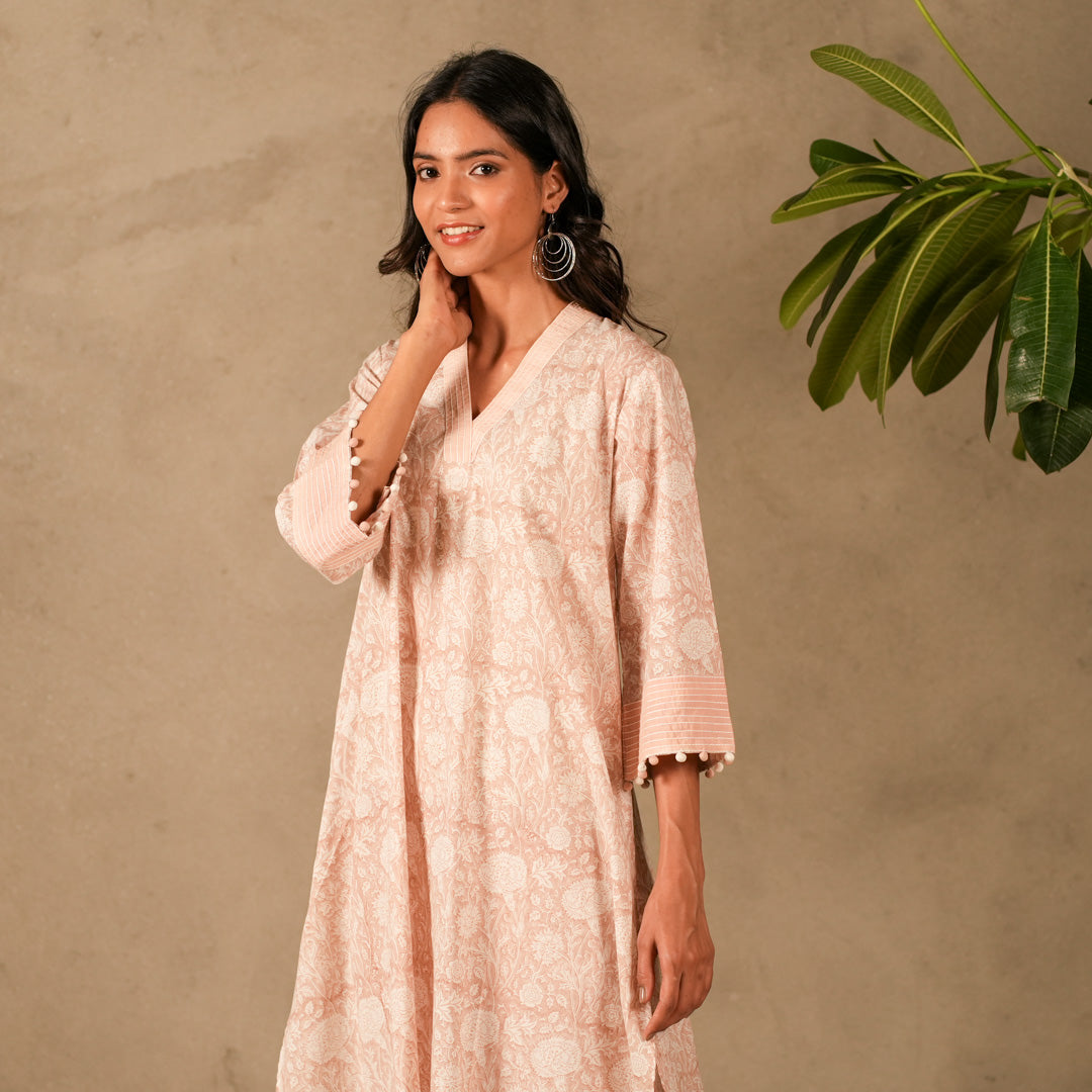 Pink Floral Hand Block Print V Neck A Line Kurta, Thread Embroidery Details with Straight Pants (Set of 2)
