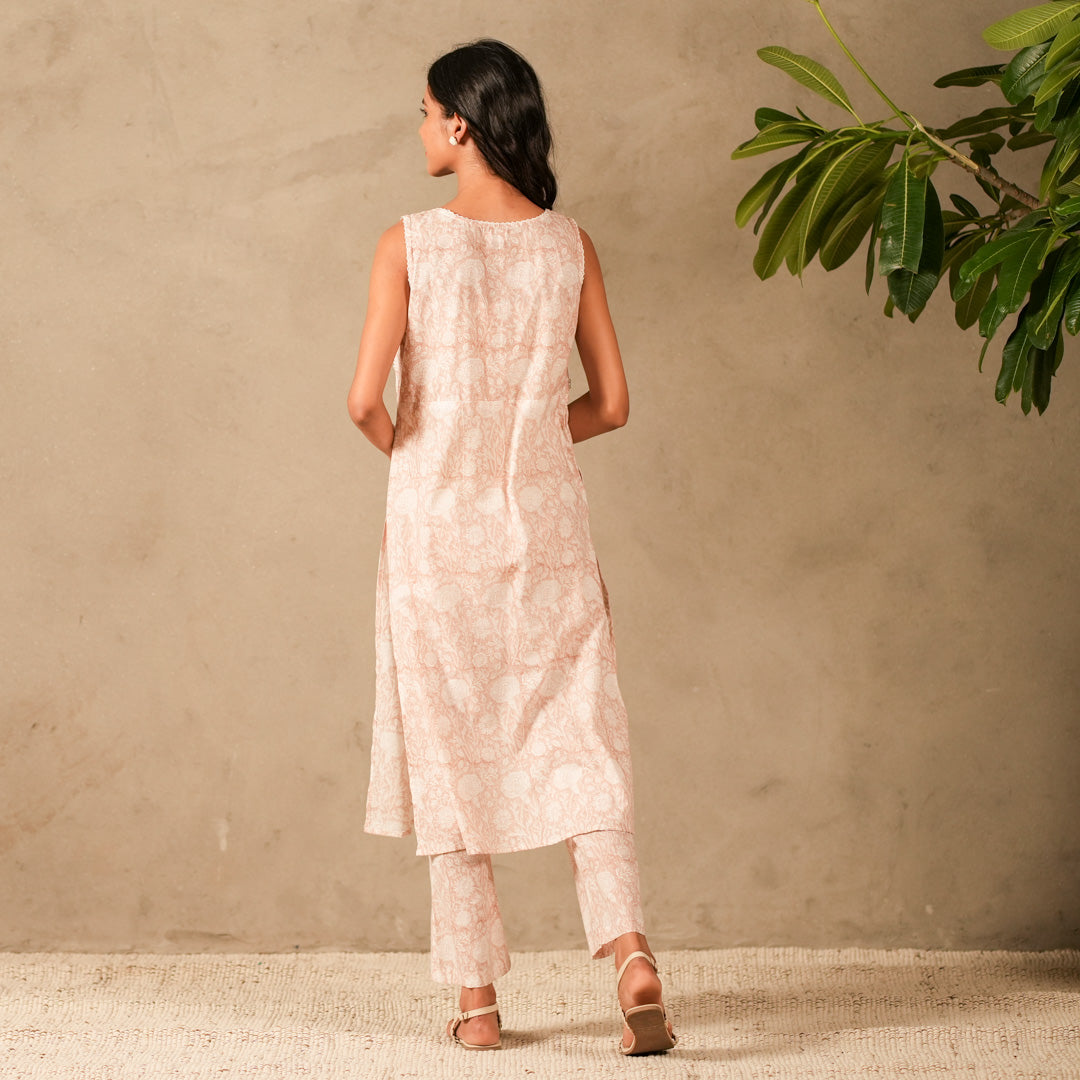 Pink Floral Hand Block Print Sleeveless Straight Kurta, Pearl Embroidery Details with Straight Pants (Set of 2)