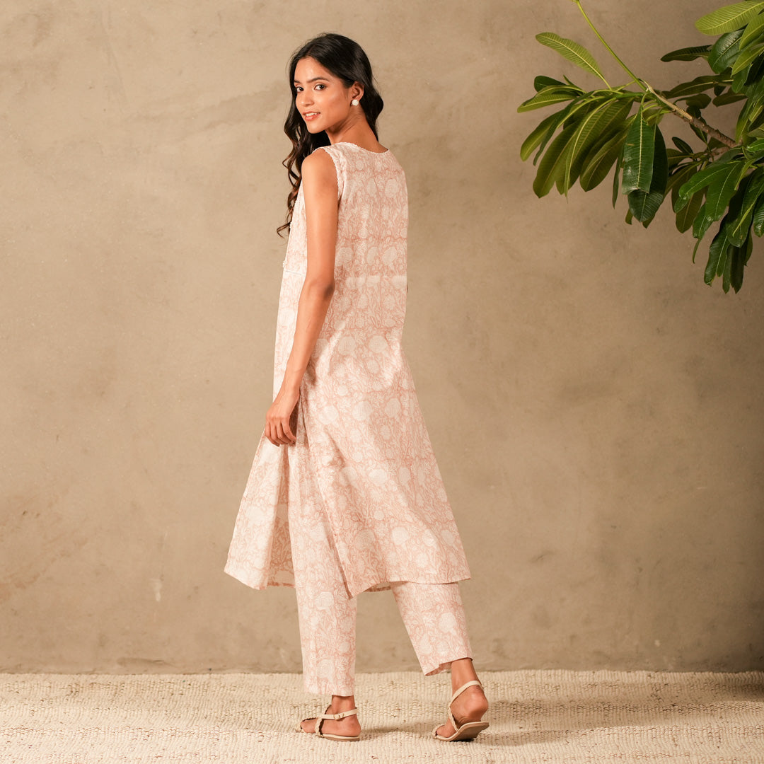 Pink Floral Hand Block Print Sleeveless Straight Kurta, Pearl Embroidery Details with Straight Pants (Set of 2)
