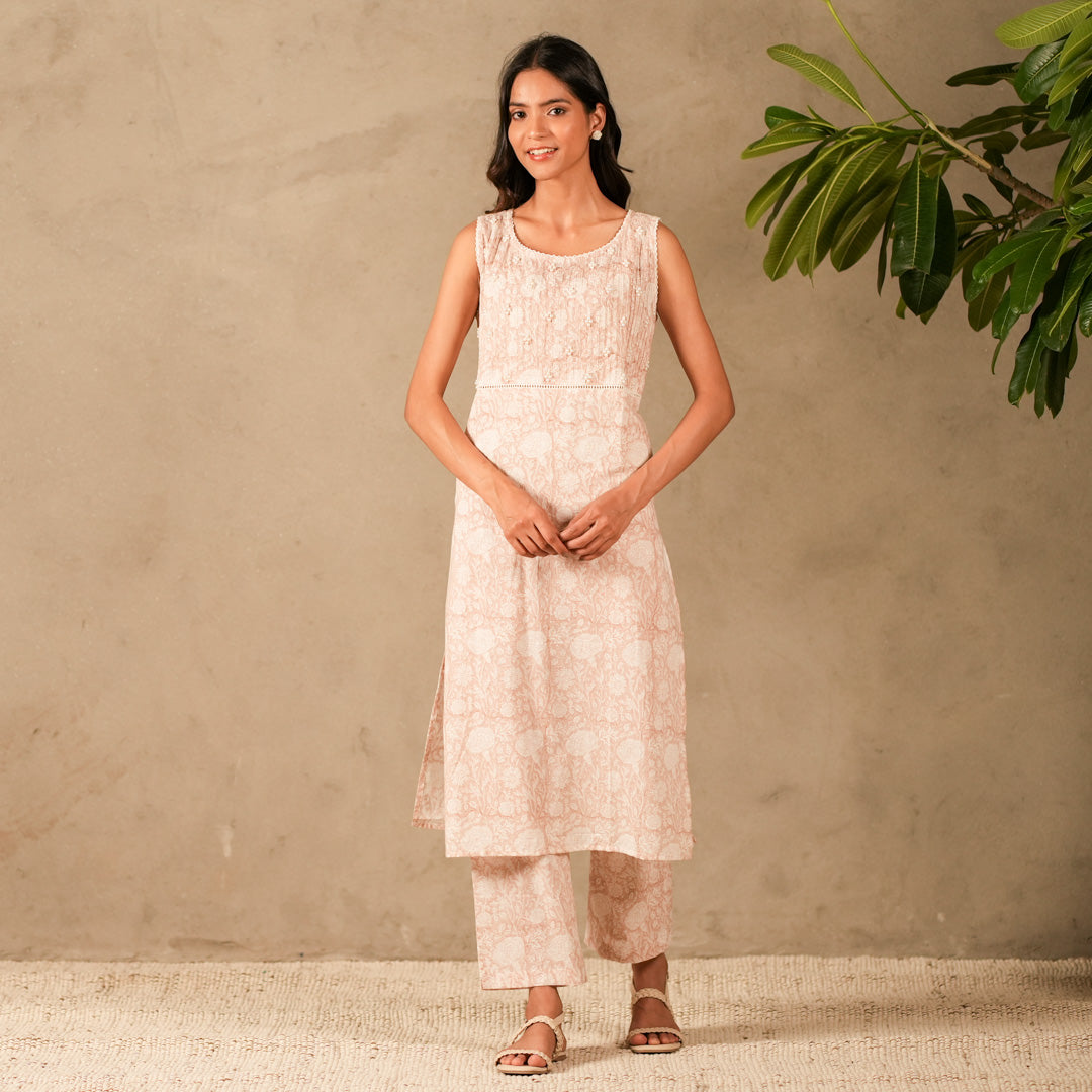 Pink Floral Hand Block Print Sleeveless Straight Kurta, Pearl Embroidery Details with Straight Pants (Set of 2)