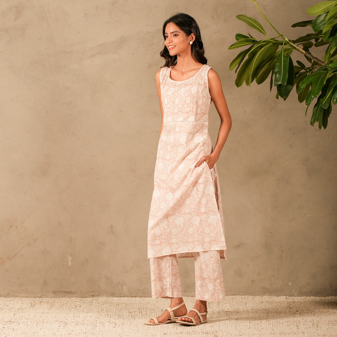Pink Floral Hand Block Print Sleeveless Straight Kurta, Pearl Embroidery Details with Straight Pants (Set of 2)