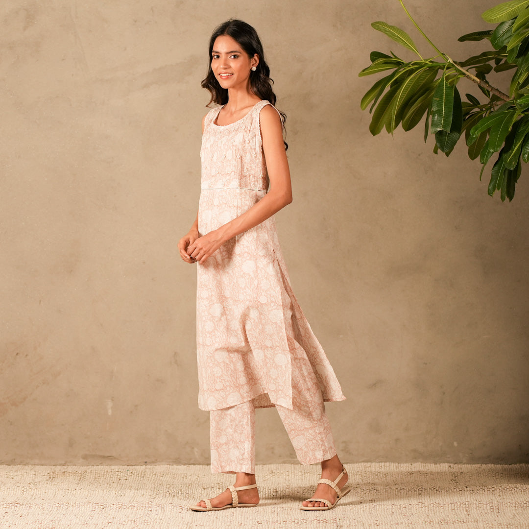 Pink Floral Hand Block Print Sleeveless Straight Kurta, Pearl Embroidery Details with Straight Pants (Set of 2)