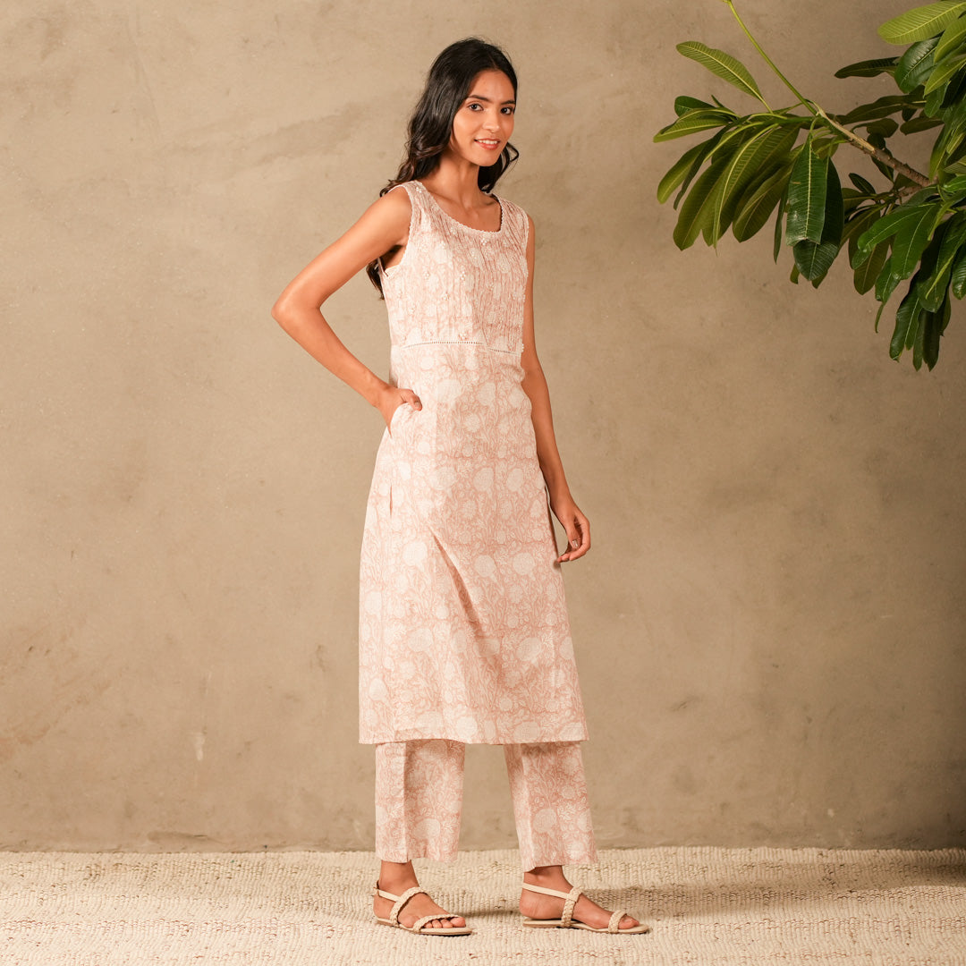 Pink Floral Hand Block Print Sleeveless Straight Kurta, Pearl Embroidery Details with Straight Pants (Set of 2)